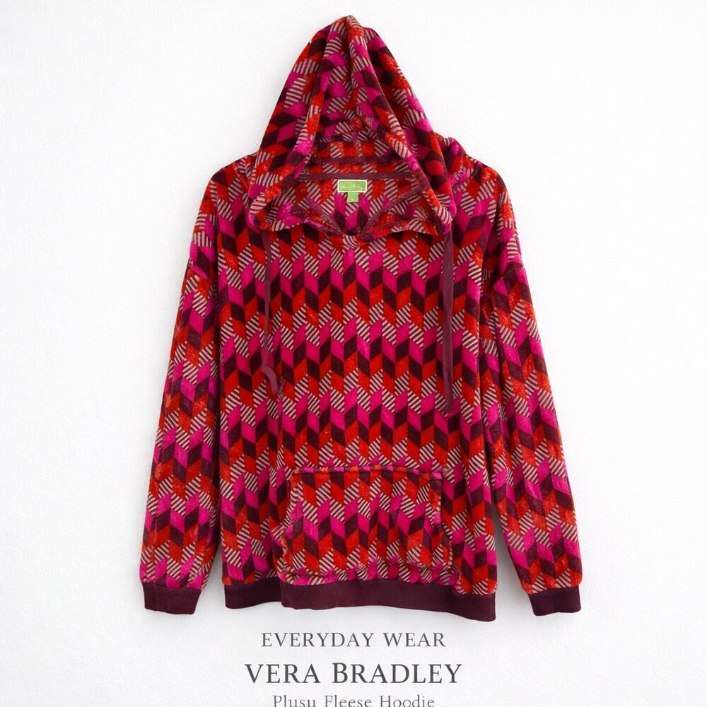 Vera Bradley Plush Hoodie Pullover Pink Red Geometric Print Cozy Fleece L